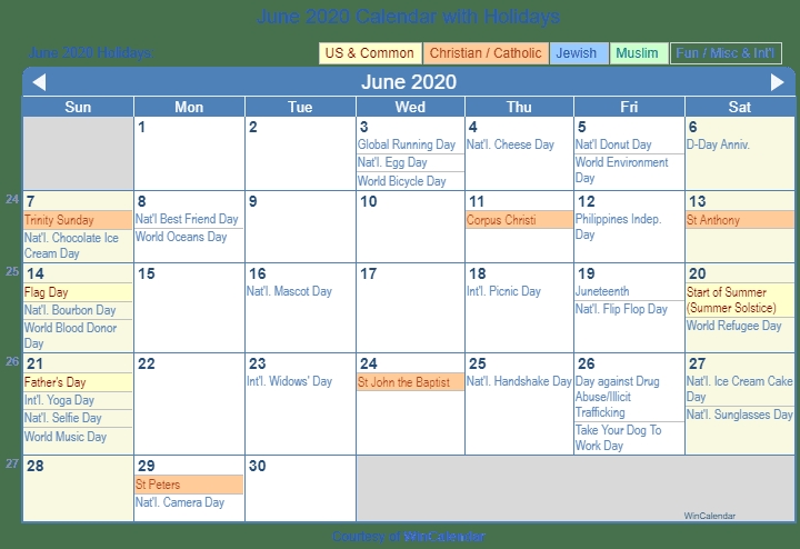 June 2020 Calendar With Holidays United States