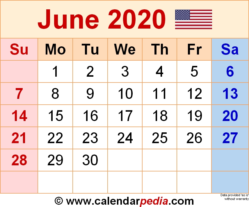 June 2020 Calendars For Word Excel Pdf