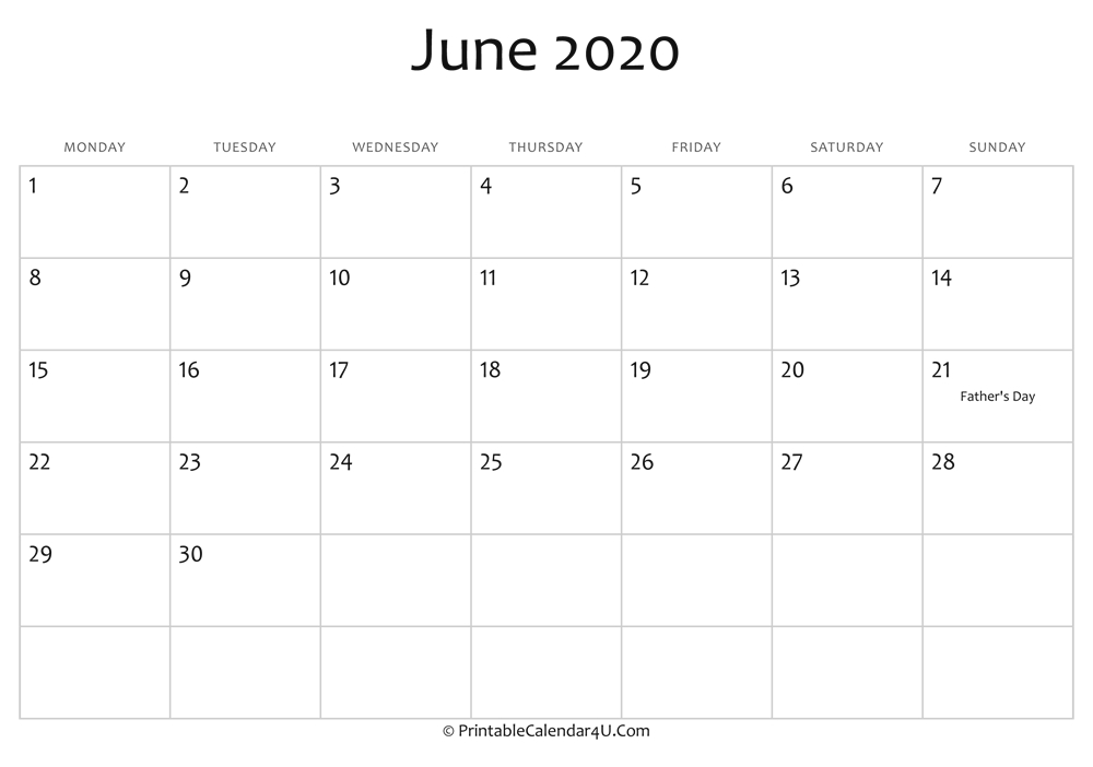 June 2020 Editable Calendar With Holidays