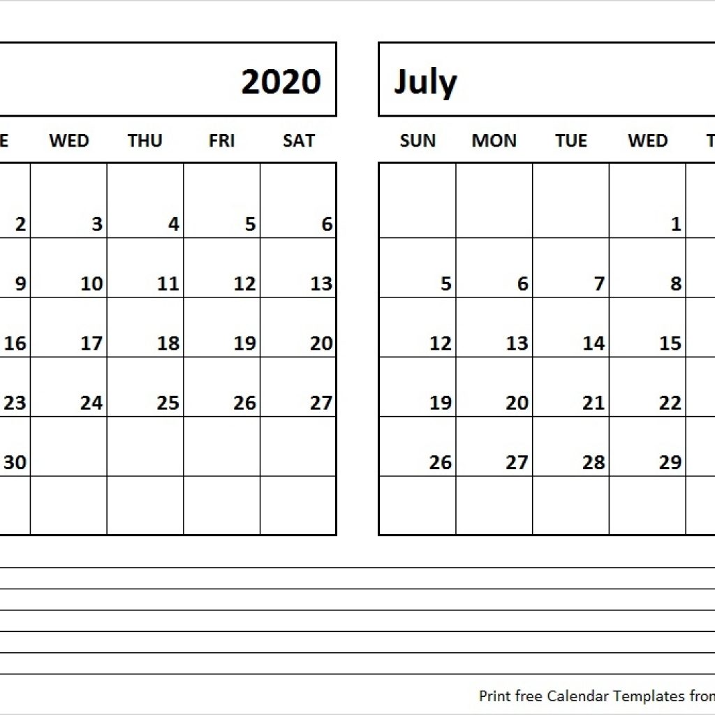 June And July 2020 Calendar All 12 Month Calendar Printable