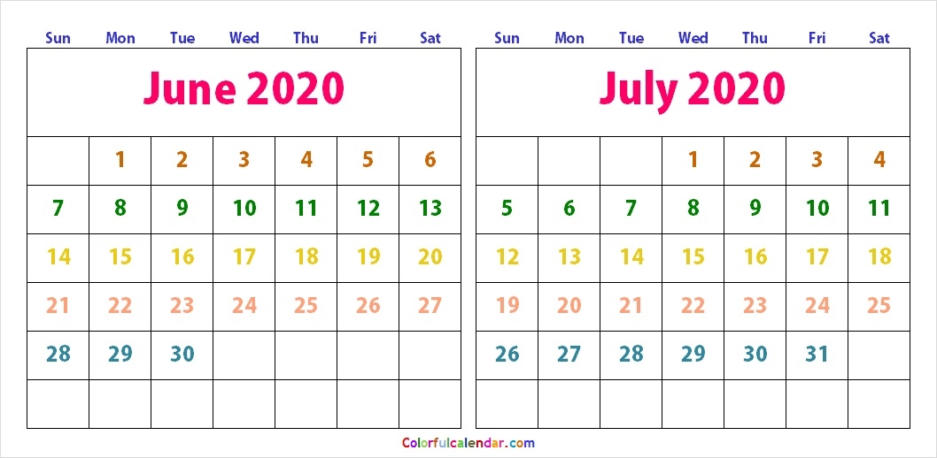 June July 2020 Calendar Colorful Printable Free Two Month Template