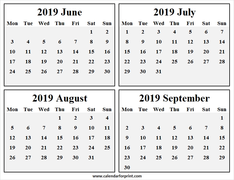 June July August September 2019 Calendar September Month Calendar