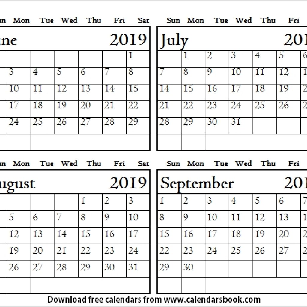 June To September 2019 Blank Calendar Four Month Calendar