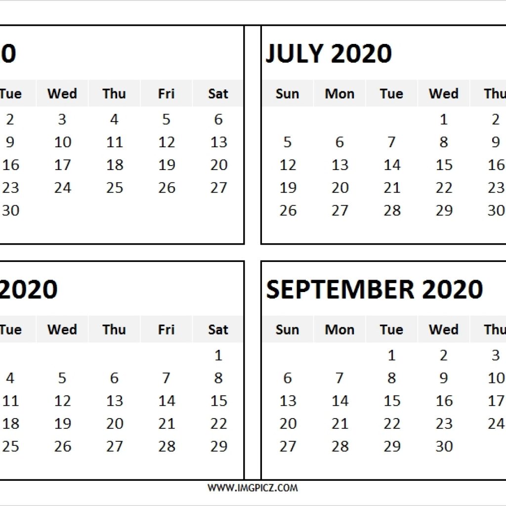 June To September 2020 Calendar Printable 4 Months 2020 Calendar