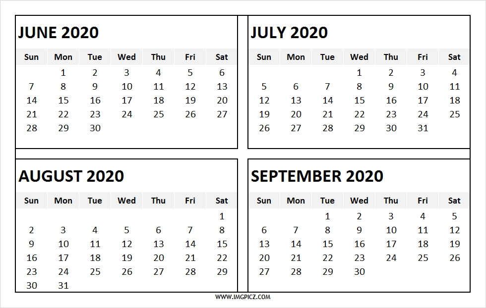 June To September 2020 Calendar Printable 4 Months 2020 Calendar