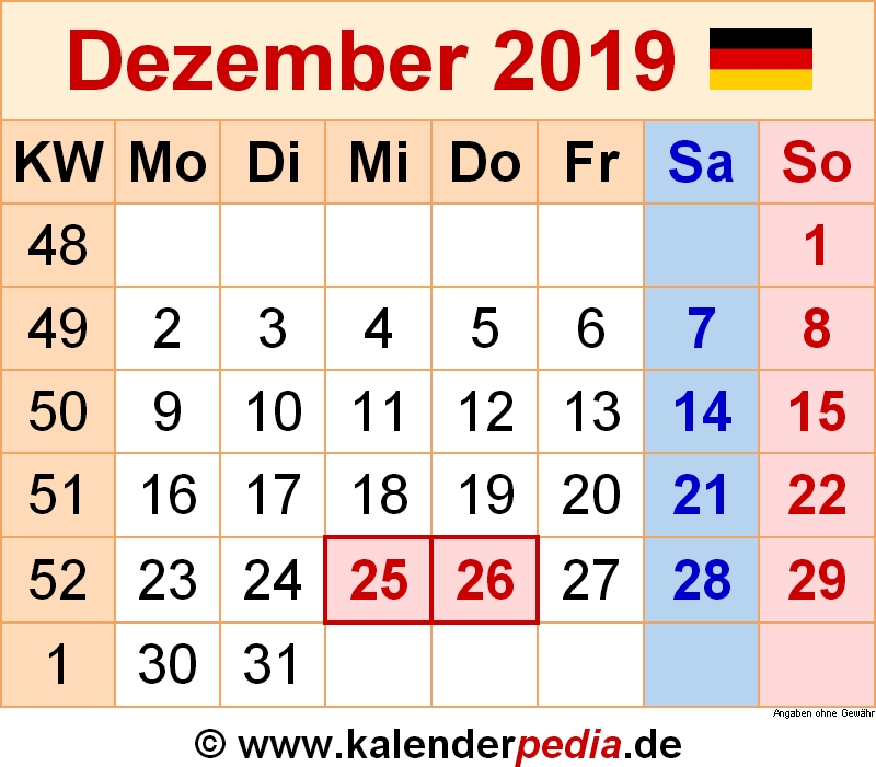 Kalender Dezember 2019 Als Excel Vorlagen