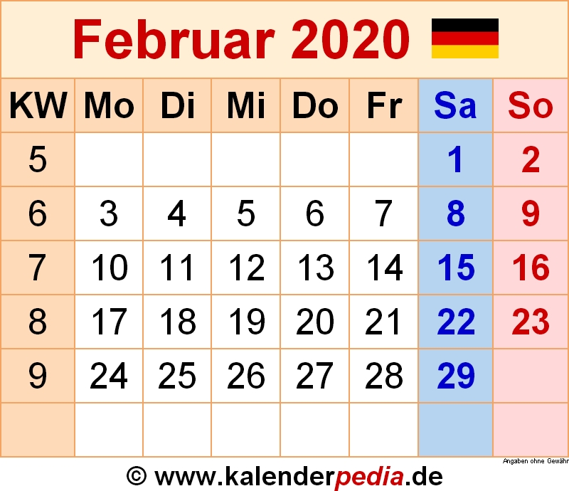 Kalender Februar 2020 Als Pdf Vorlagen