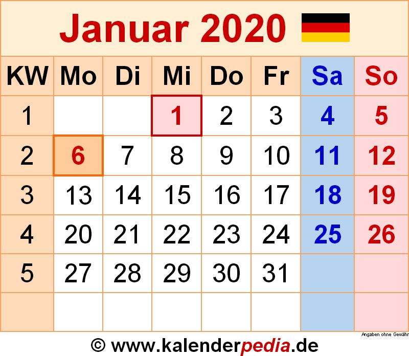 Kalender Januar 2020 Als Pdf Vorlagen