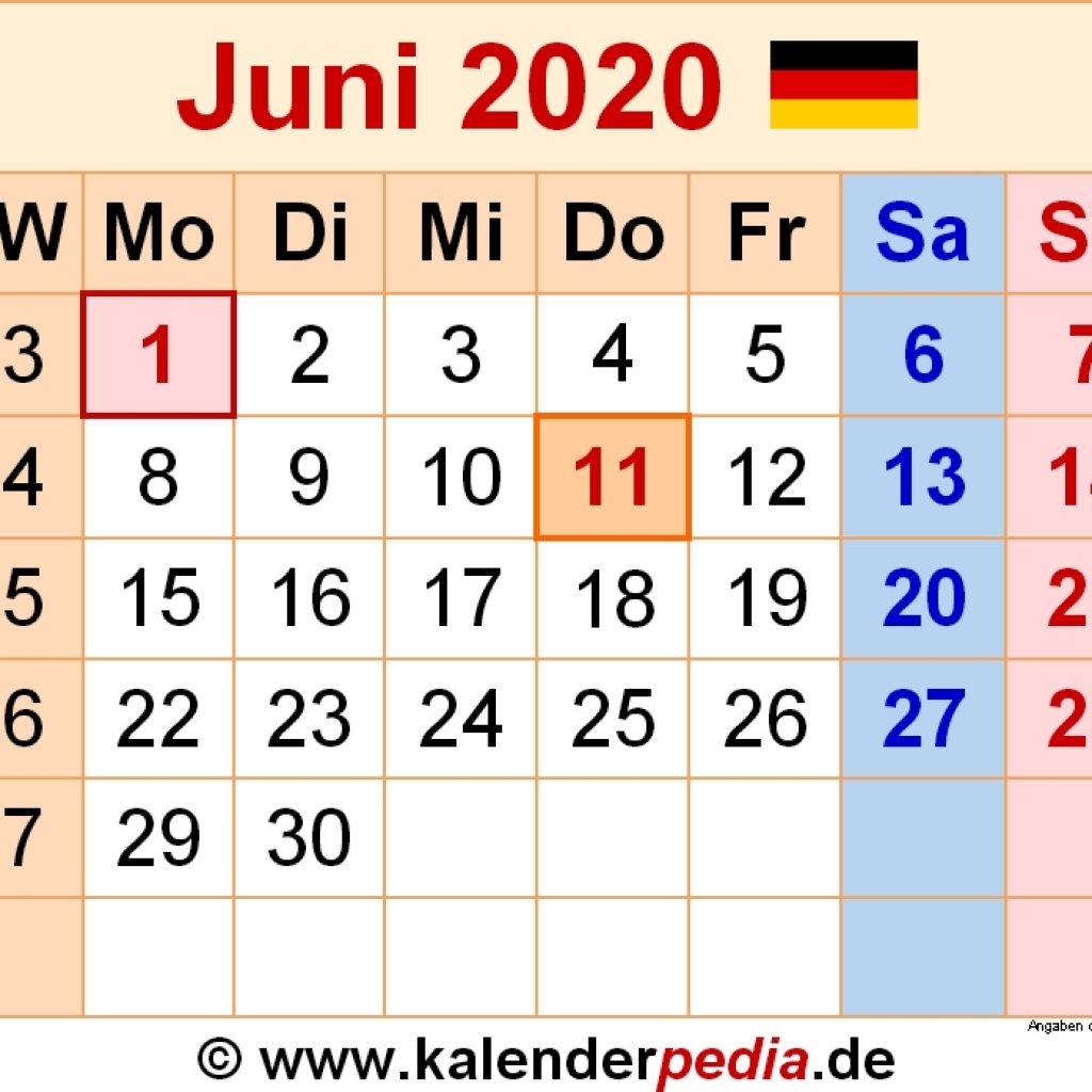 Kalender Juni 2020 Als Pdf Vorlagen