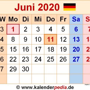 Kalender Juni 2020 Als Pdf Vorlagen