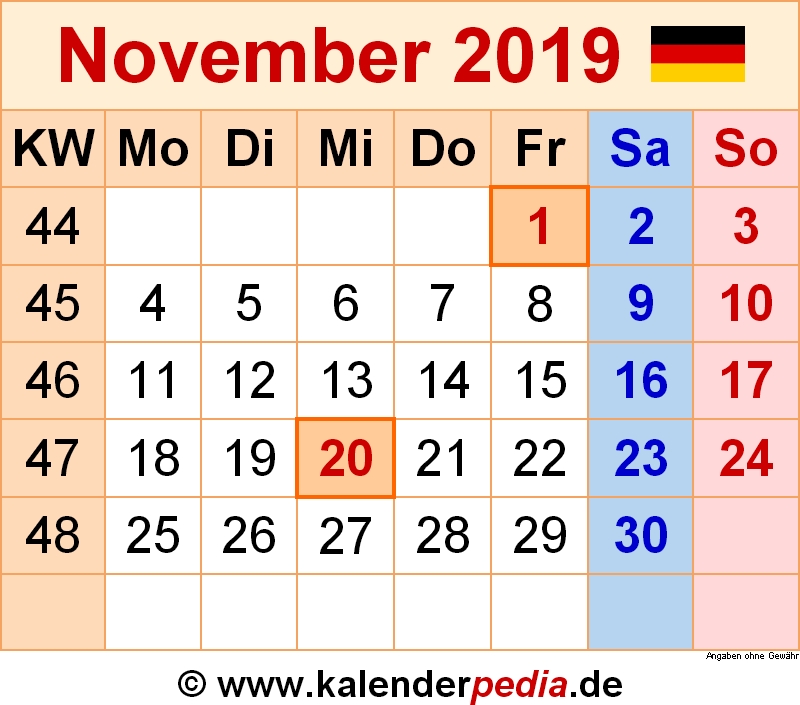 Kalender November 2019 Als Excel Vorlagen