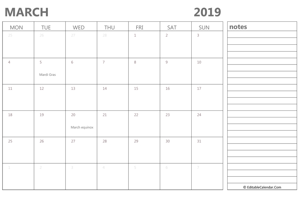 March 2019 Calendar Editable With Notes 205 Welcome Month Images