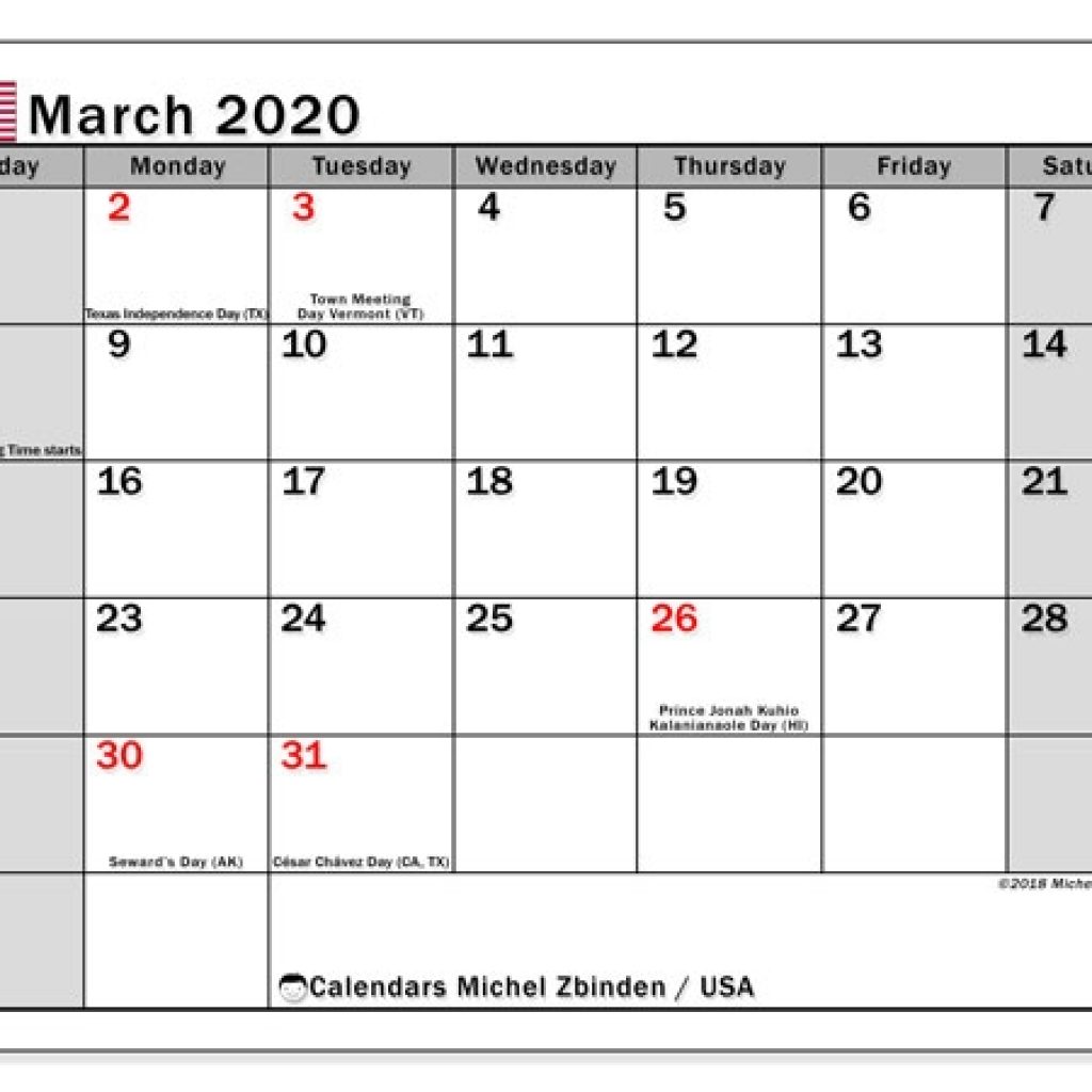 March 2020 Calendar Usa Michel Zbinden En