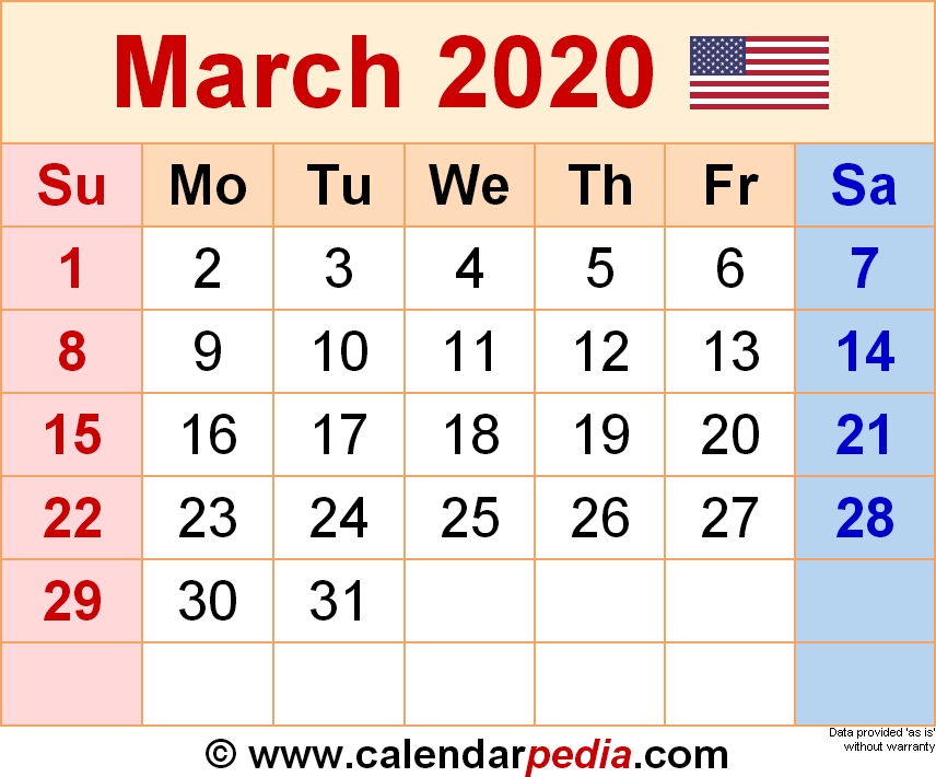 March 2020 Calendars For Word Excel Pdf