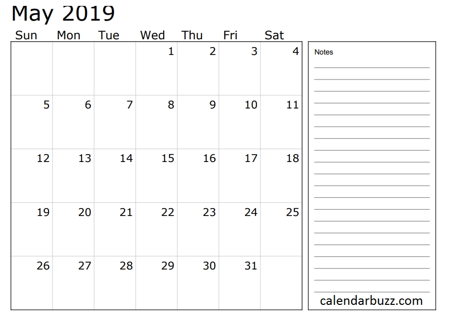 May 2019 Calendar With Notes May May2019 May2019calendar