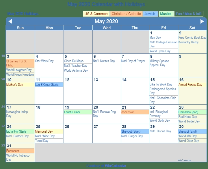 May 2020 Calendar With Holidays United States