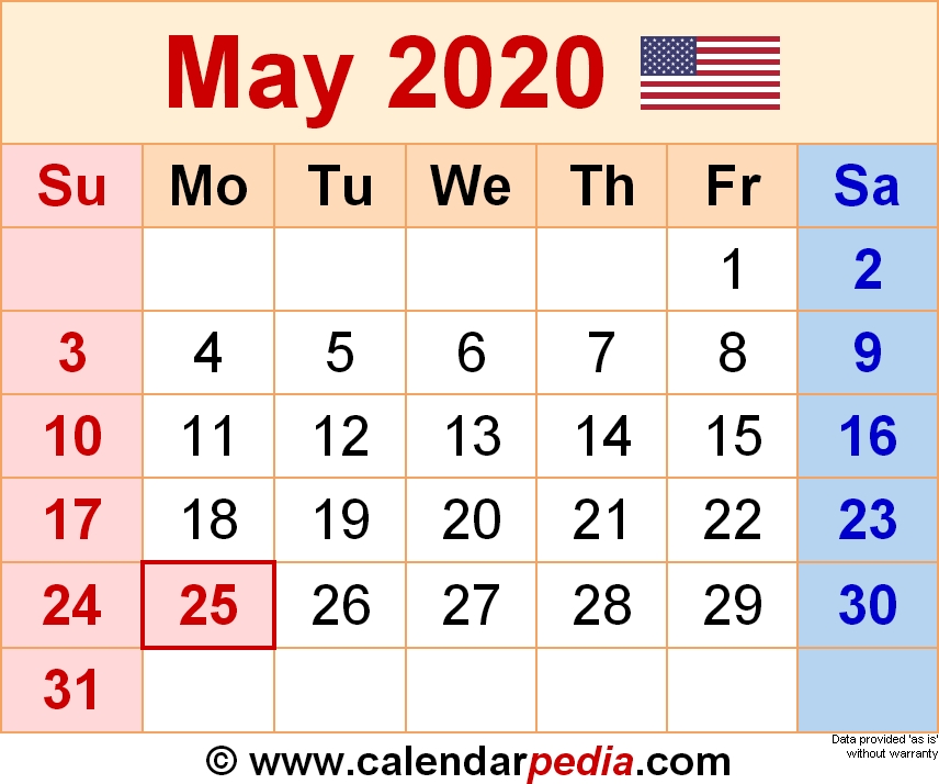 May 2020 Calendars For Word Excel Pdf