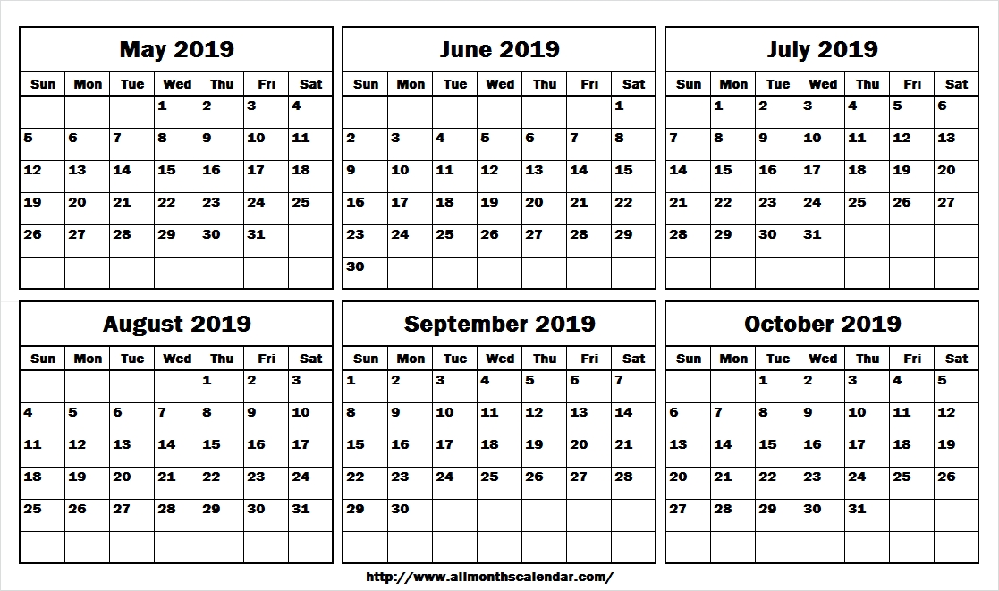 May June July August September October 2019 Blank Calendar Template