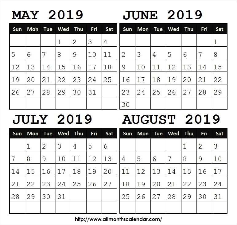 May To August 2019 Printable Calendar Blank 2019 Calendar To Print