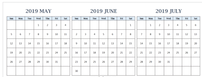 May To July 2019 Calendar Template 2019 Calendars 2019 Calendar