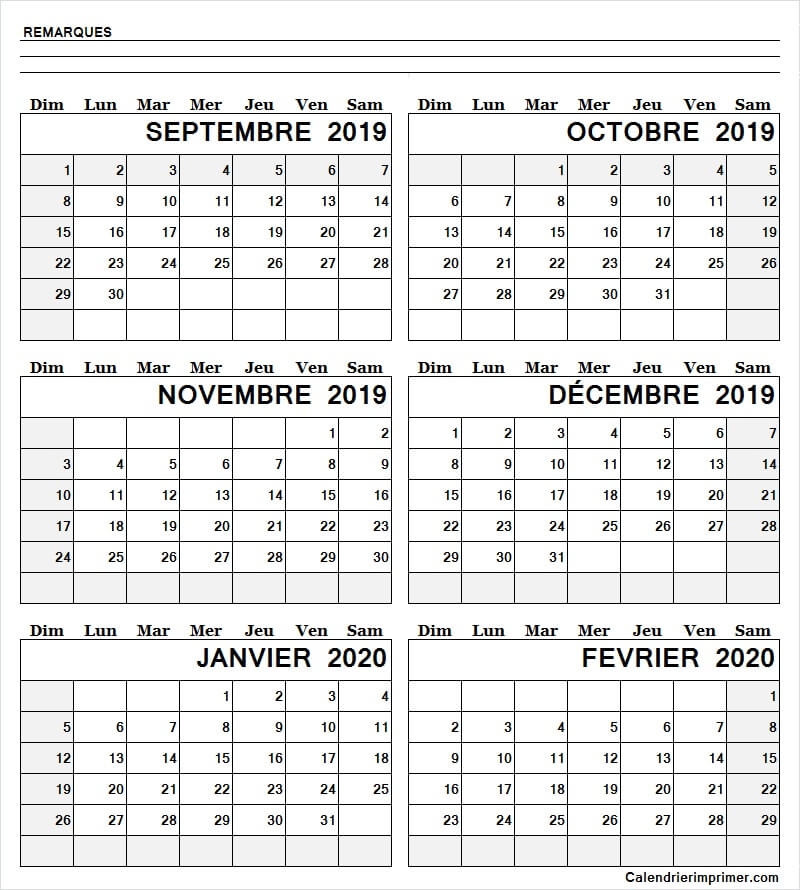 Modele Calendrier Septembre 2019 A Fevrier 2020 2019 Calendrier