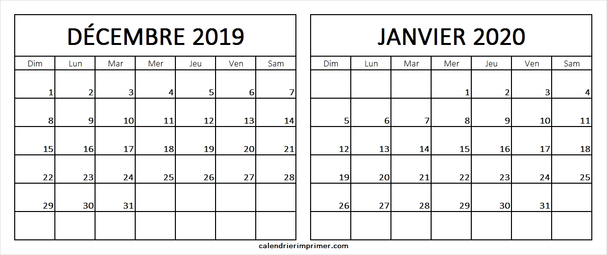 Modle Calendrier Dcembre 2019 Janvier 2020 Vacances Imprimer