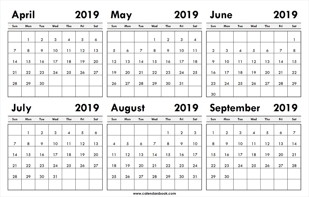 Monthly Calendar Apr May Jun Jul Aug Sep 2019 Template Printable