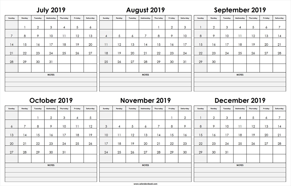 Monthly Calendar Jul Aug Sep Oct Nov Dec 2019 Template 6 Month