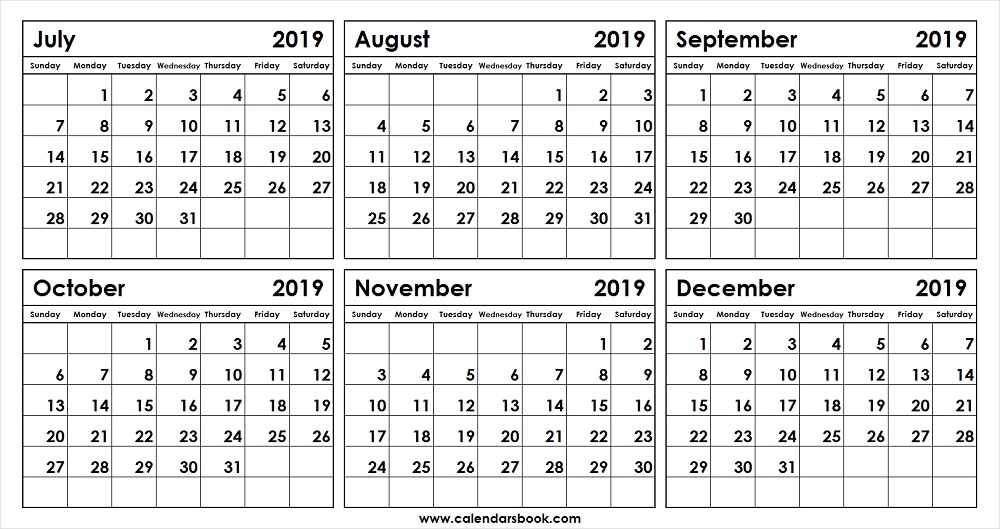 Monthly Calendar Jul Aug Sep Oct Nov Dec 2019 Template 6 Month