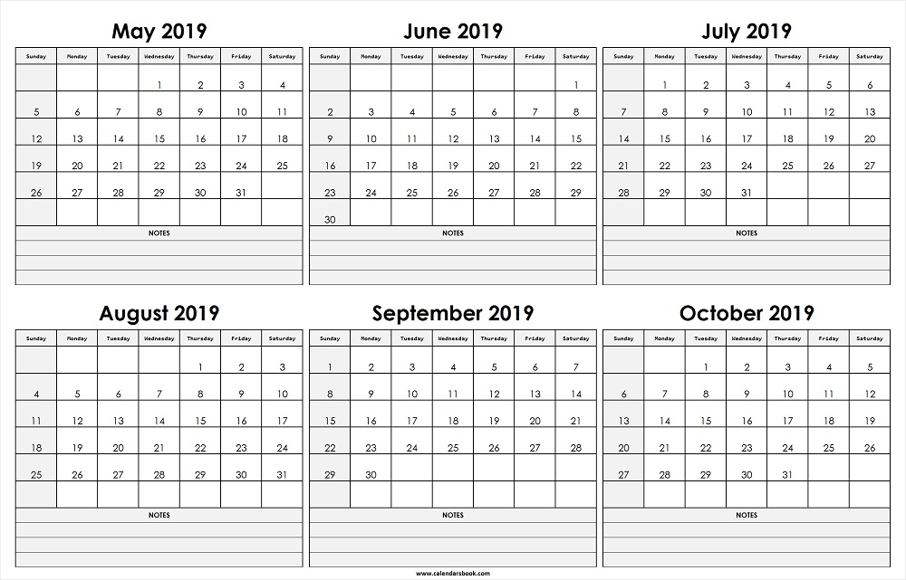 Monthly Calendar May Jun Jul Aug Sep Oct 2019 Template 6 Month