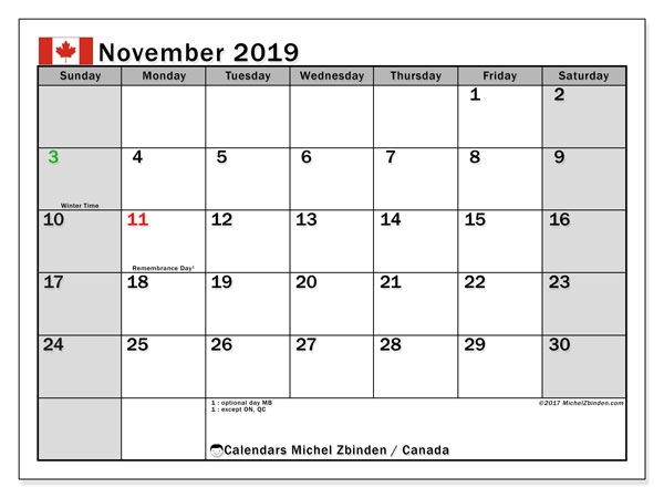 November 2019 Calendar Canada Michel Zbinden En