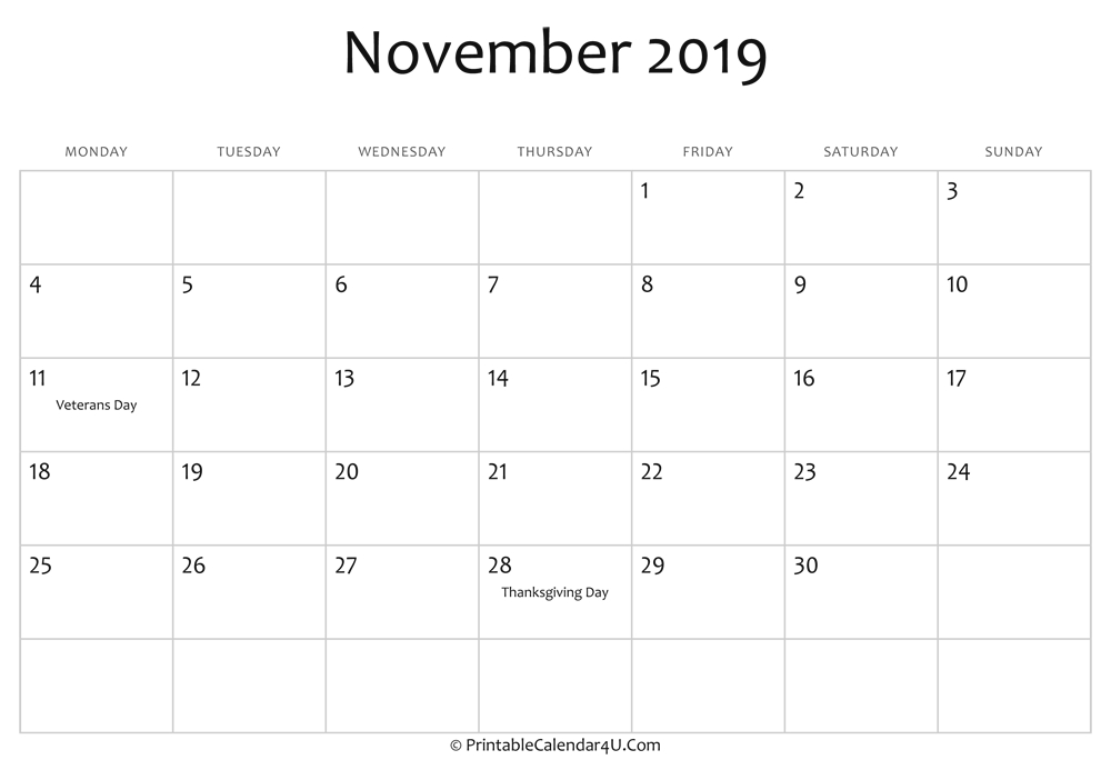 November 2019 Editable Calendar With Holidays