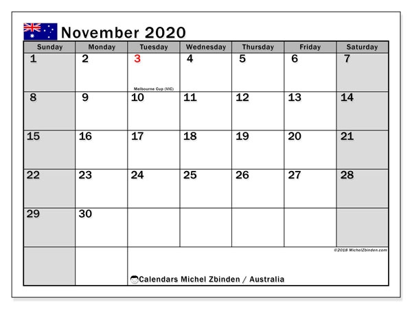 November 2020 Calendar Australia Michel Zbinden En