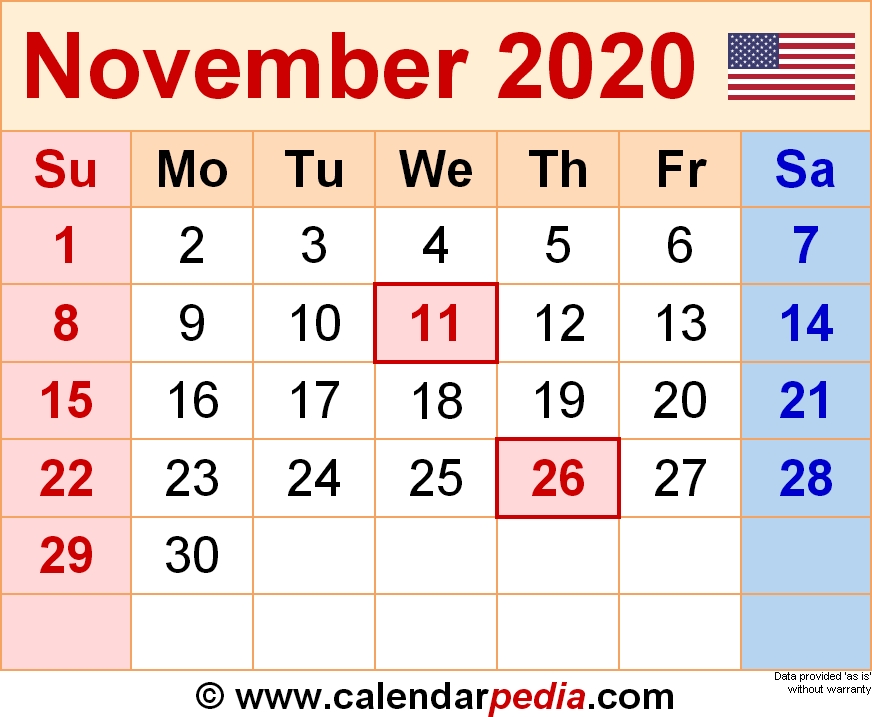 November 2020 Calendars For Word Excel Pdf