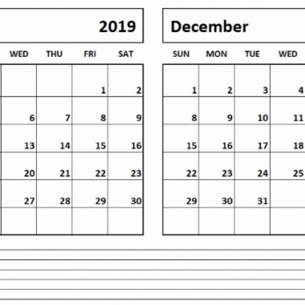 November December 2019 Calendar Printable Template Pdf Word Excel