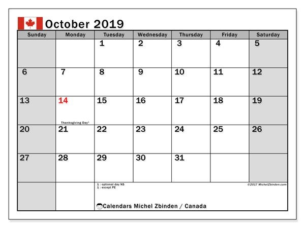 October 2019 Calendar Canada Charles November Calendar 2019