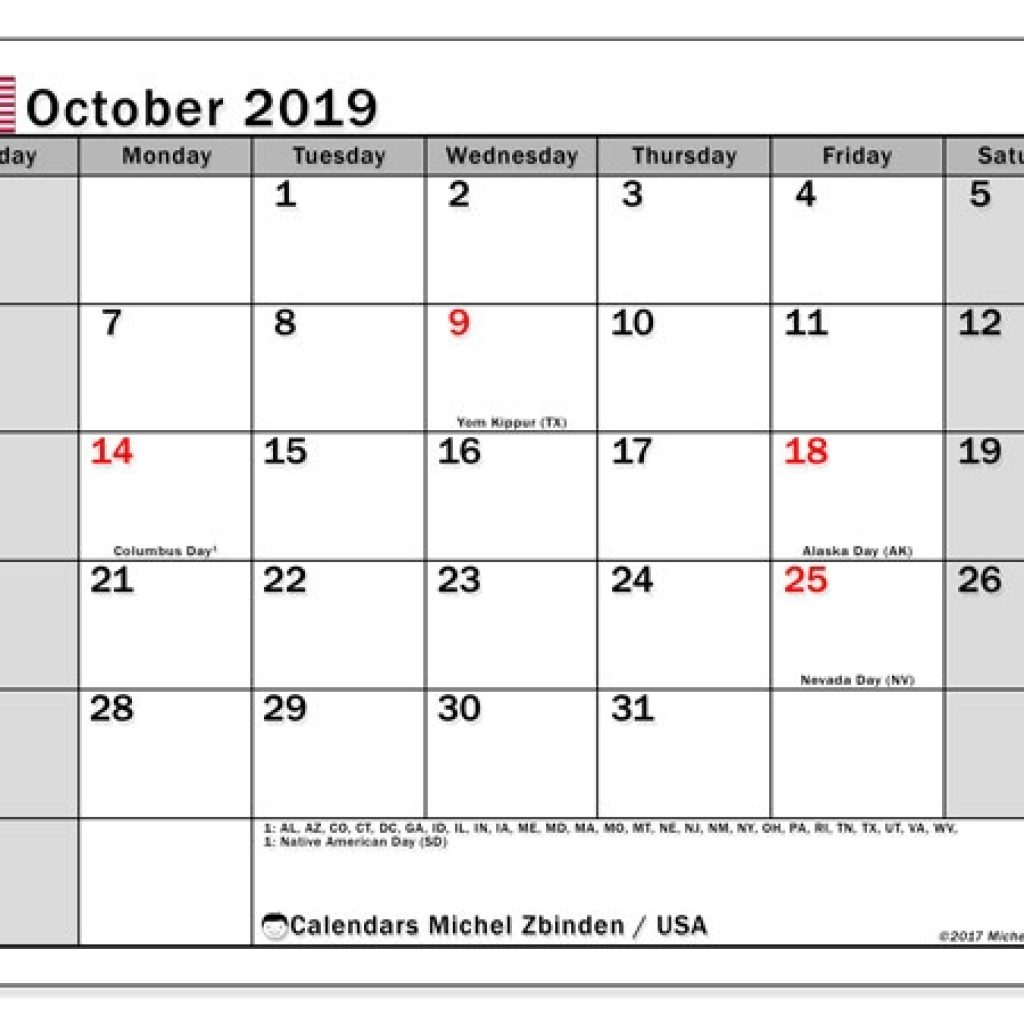 October 2019 Calendar Usa Michel Zbinden En