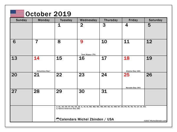 October 2019 Calendar Usa Michel Zbinden En