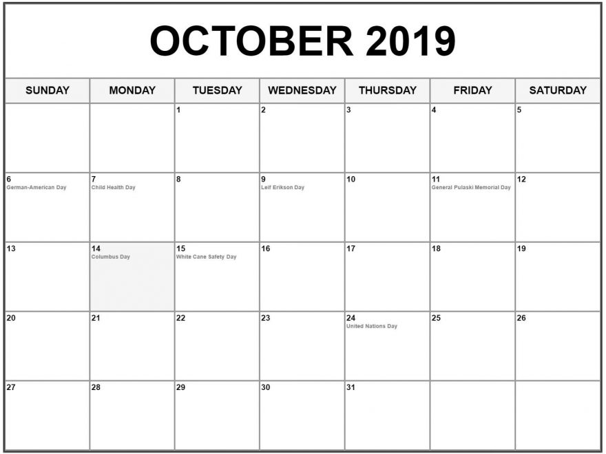 October 2019 Calendar With Holidays Printable Template