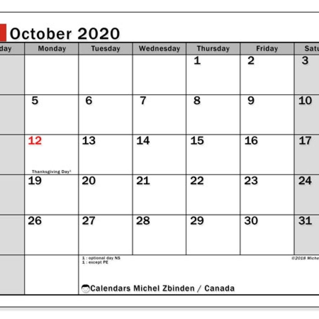 October 2020 Calendar Canada Michel Zbinden En