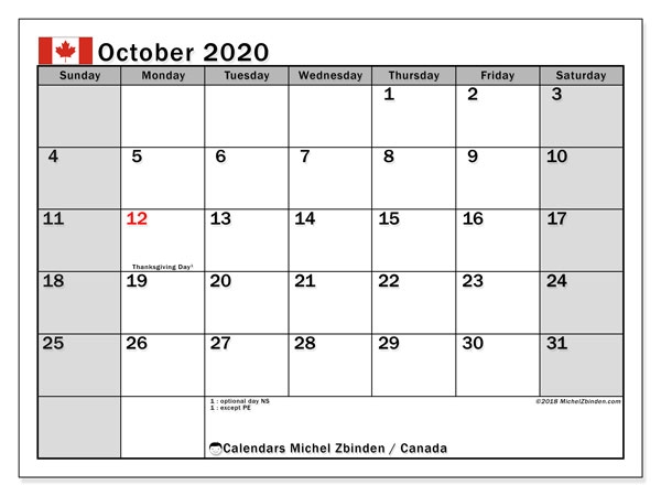 October 2020 Calendar Canada Michel Zbinden En