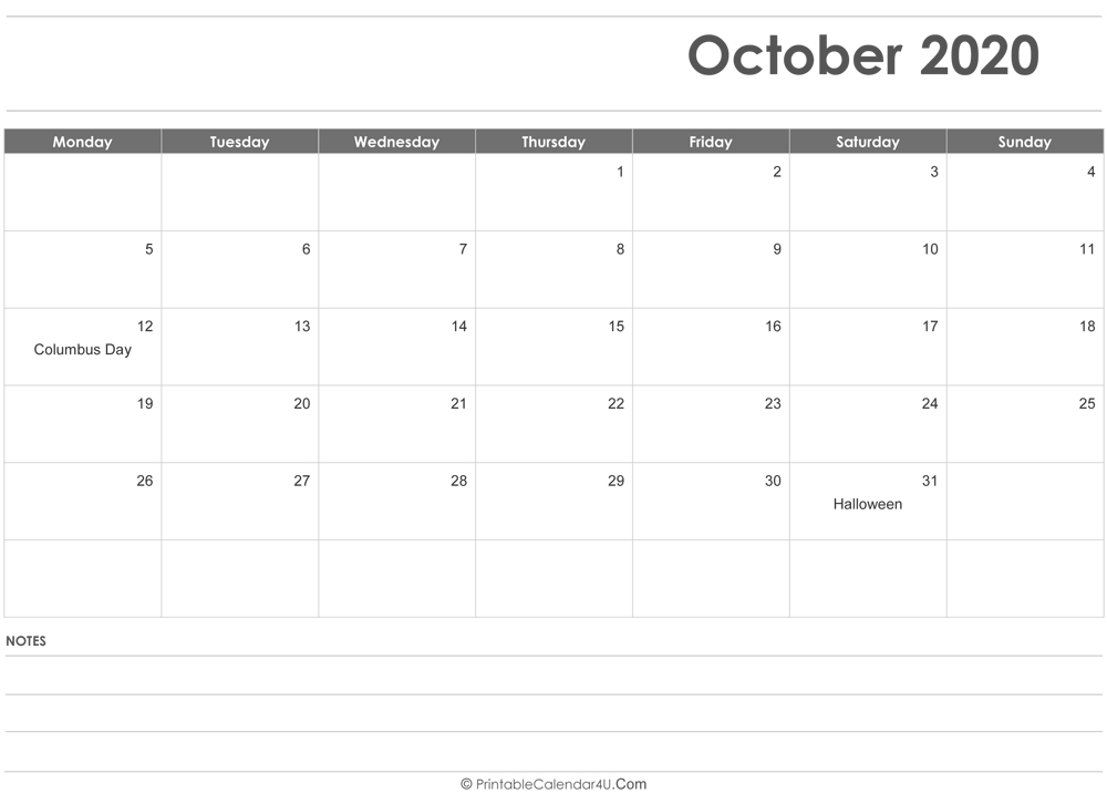 October 2020 Calendar Templates