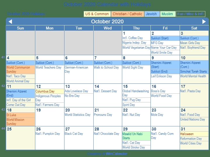 October 2020 Calendar With Holidays United States