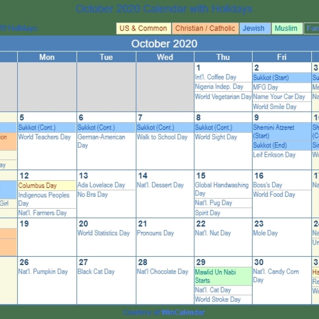 October 2020 Calendar With Holidays United States