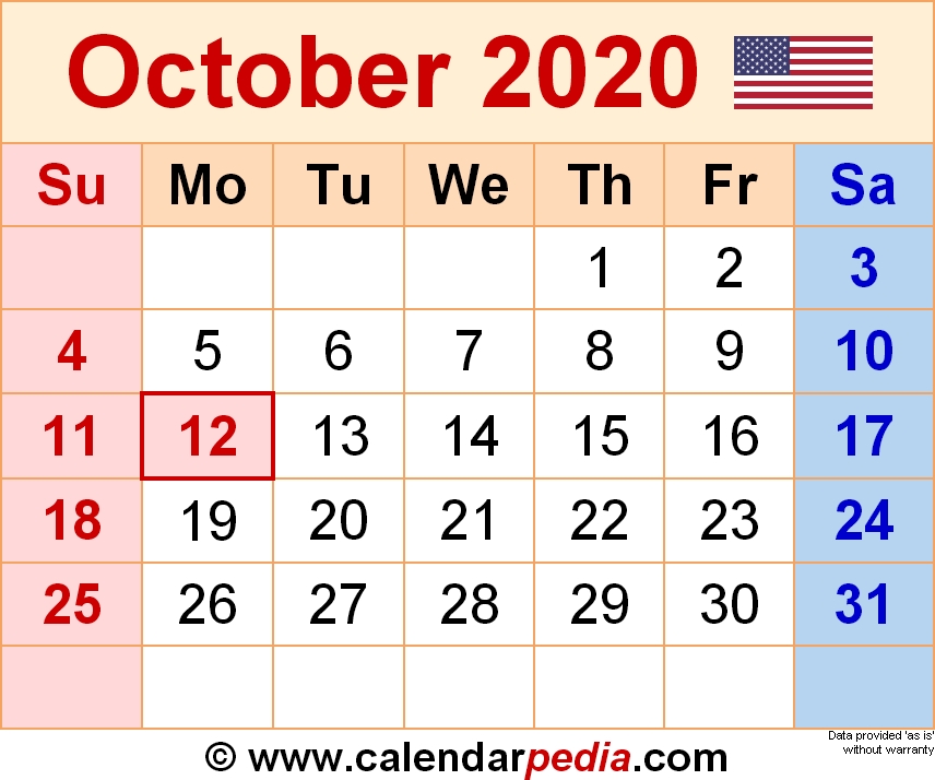 October 2020 Calendars For Word Excel Pdf