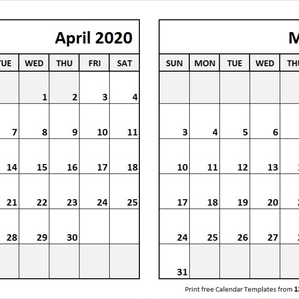 Print April May 2020 Calendar Template 2 Month Calendar