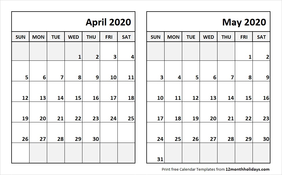 Print April May 2020 Calendar Template 2 Month Calendar