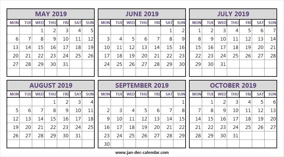 Print Calendar May 2019 To October 2019 Online Month Calendar