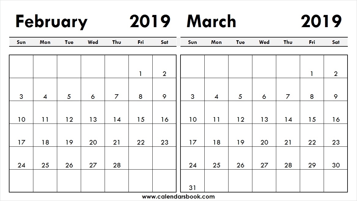 Print February March 2019 Calendar Template 2 Month Calendar