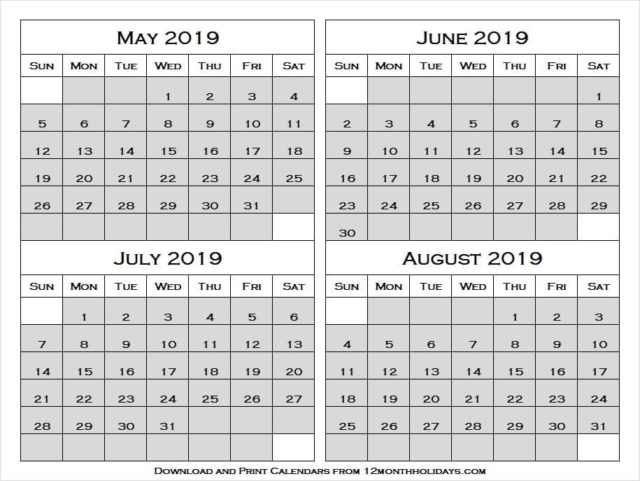 Print Free 2019 May August Printable Calendar With Notes